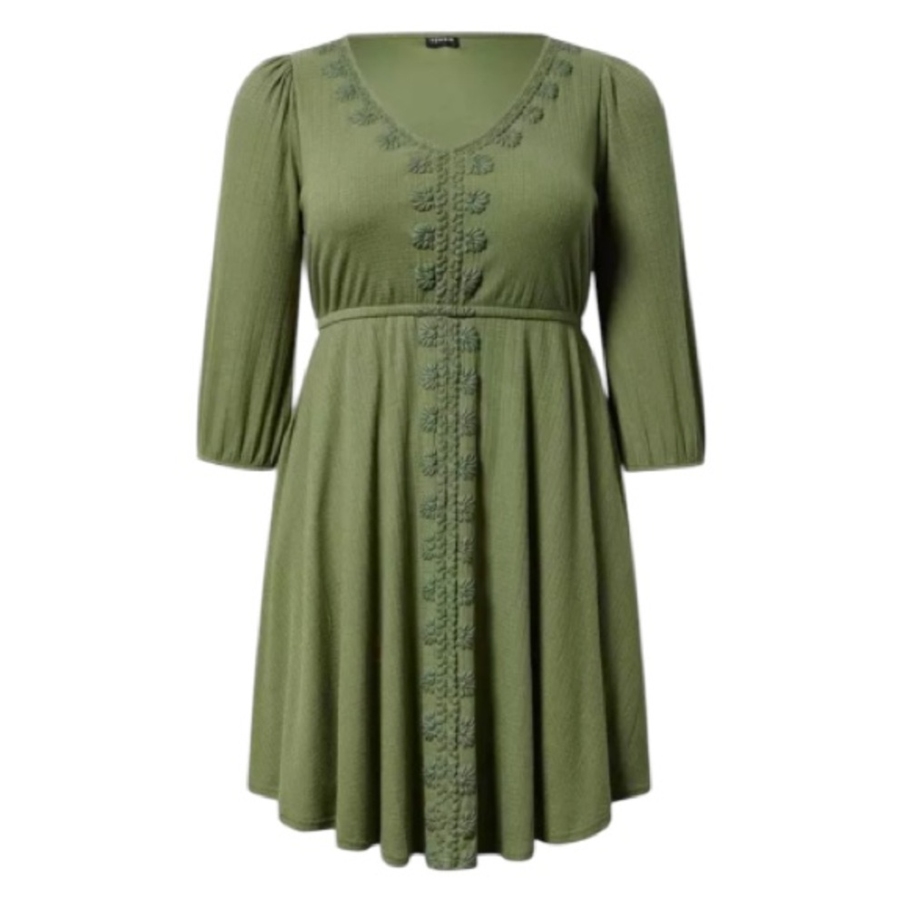 Torrid Olive Mini Jersey 3/4 Sleeve Embroidered Skater Dress NWT, Size 3 (3X) - Picture 5 of 10
